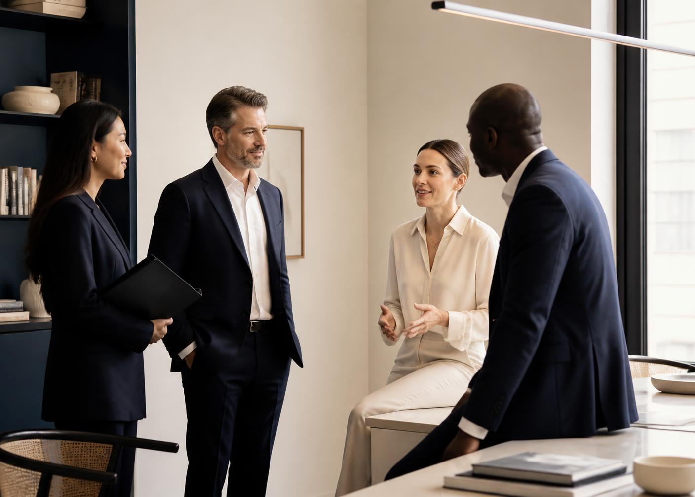 Advisors in conversation with clients in a modern office