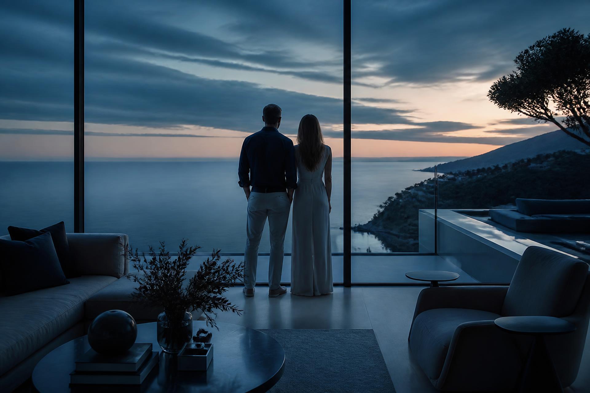 A couple looking out over the ocean from a modern home at dusk