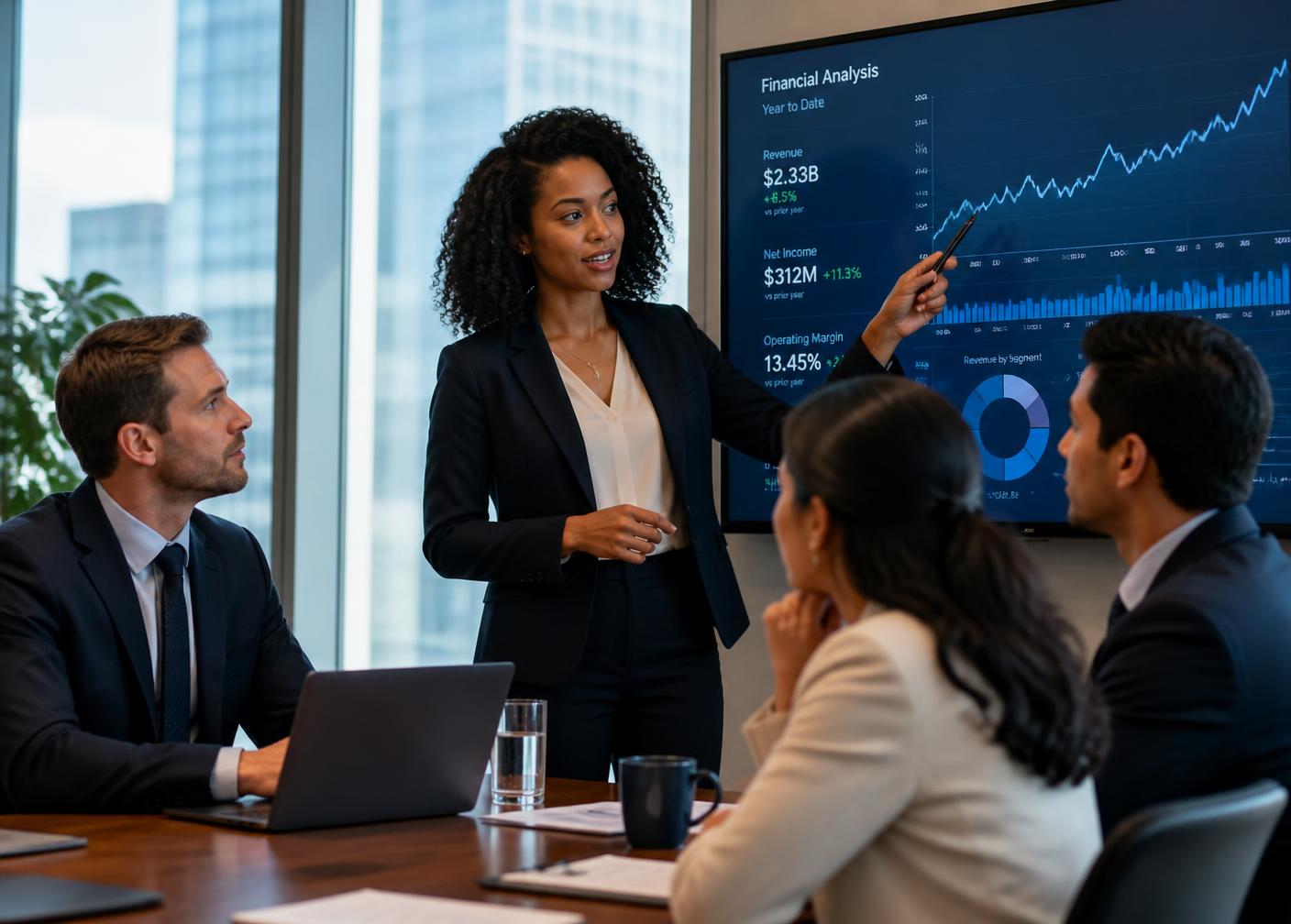 A team reviewing financial performance in a boardroom